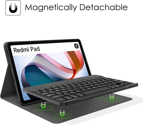 Vista 5 de Funda de teclado para Xiaomi Redmi Pad de 10.61 pulgadas versión 2022, cubierta delgada de poliuretano con teclado Bluetooth inalámbrico desmontable
