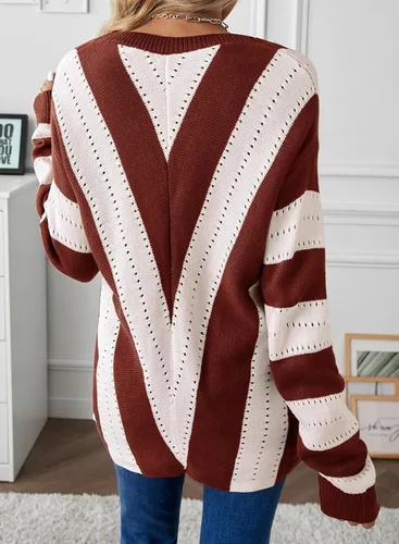 Vista 4 de EVALESS Suéteres para mujer, manga sexy, cuello en V profundo, casual, tejido a rayas