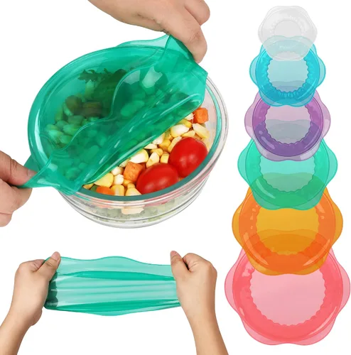 Vista 8 de Tapas elásticas de silicona para almacenamiento de alimentos en el refrigerador, fundas elásticas reutilizables para tazas, latas, tarros