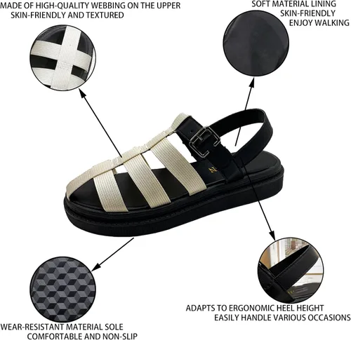 Vista 2 de Sandalias de gladiador Baotou huecas de verano para mujer, sandalias romanas de dos tonos ajustables con hebilla decorativa trenzada plana y cerrada