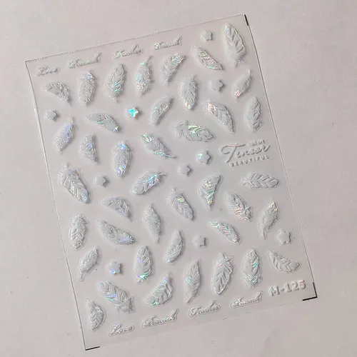 Vista 6 de Calcomanías de uñas de plumas 5D en relieve, color blanco, verde, azul, rosa, cuero, diseño de uñas, grabado de cuero hueco, autoadhesivo, Notas