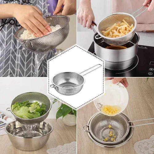 Vista 9 de Colador de acero inoxidable Colador de malla fina con mango largo, colador microperforado, colador de metal, colador de alimentos de cocina