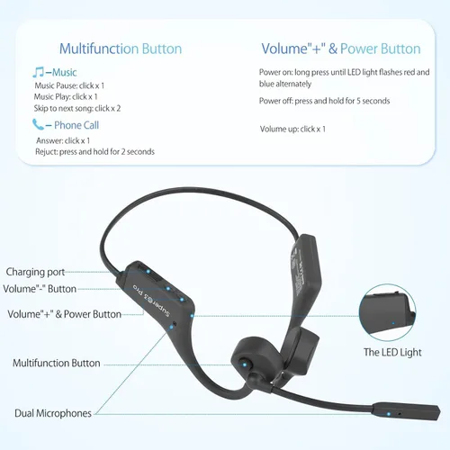Vista 8 de Auriculares Bluetooth de conducción ósea con micrófono ENC Boom Mic Auriculares inalámbricos para computadora con micrófono Cancelación de ruido