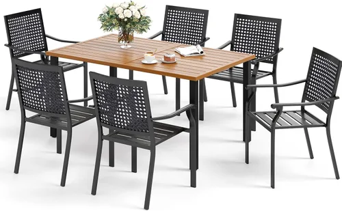 Vista 18 de SUNSHINE VALLEY Juego de 7 sillas de comedor para patio, material metálico, 6 sillas de comedor de color teca rectangular con agujero para sombrilla