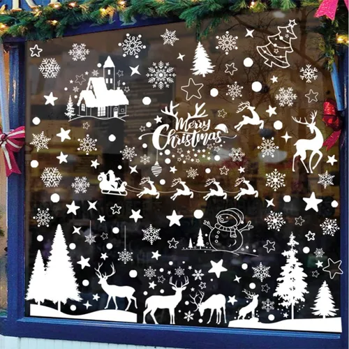 Vista 4 de 148 piezas de calcomanías adheribles navideñas con diseño de copo de nieve para ventana, decoraciones navideñas para ventana