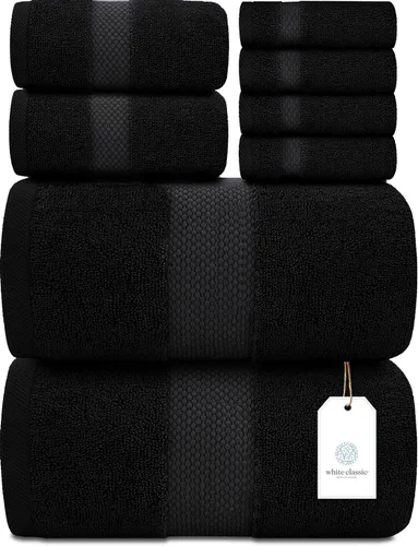 Vista 5 de White Classic Juego de toallas negras de 8 piezas [2 toallas de baño, 2 toallas de mano, 4 toallas faciales] y 2 tapetes de baño de lujo de 22 x 34