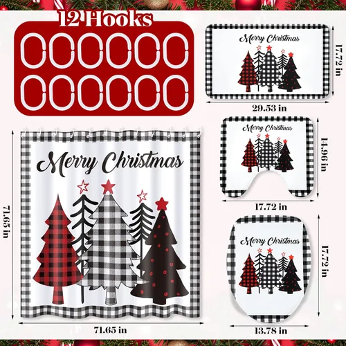 Vista 2 de Newwiee Juego de 7 Piezas para Baño de Navidad Decoración de Cortina de Ducha Xmas Cortina de Ducha Alfombras Antideslizantes y Toallas de Cocina 3