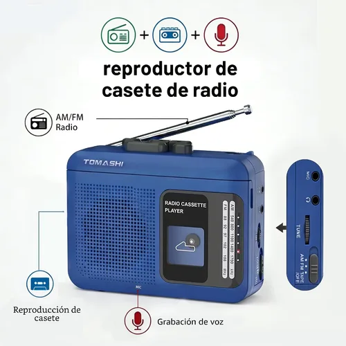 Vista 2 de Reproductor grabador de casetes portátil con radio AM/FM, convertidor de cinta a USB, estilo Walkman, altavoz de 200mW, alimentado por batería