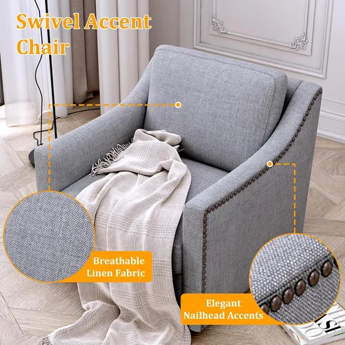 Vista 4 de Olela Silla giratoria para sala de estar, dormitorio, sillón de gran tamaño, moderno barril redondo con brazo en línea de tela (gris)