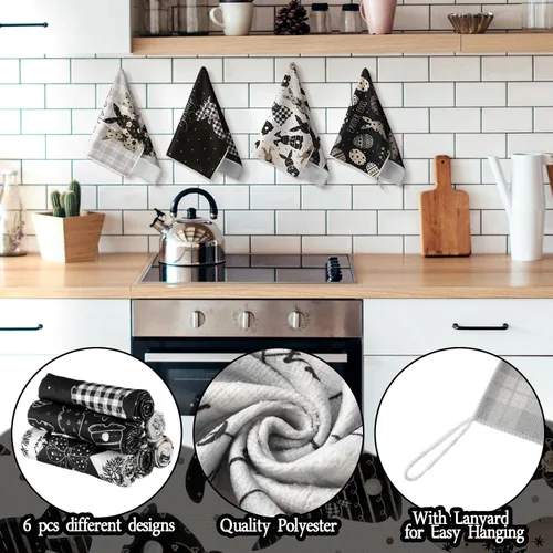 Vista 4 de Preboun 6 toallas de cocina con huevos de Pascua, toallas de mano retro con diseño de conejo, color negro y blanco a cuadros, paño decorativo