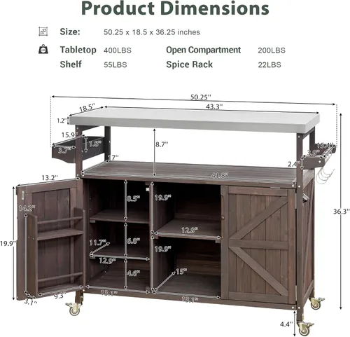 Vista 7 de Mesa grande para parrilla al aire libre, de madera maciza, para exteriores, isla de cocina, mesa de bar con parte superior de acero inoxidable