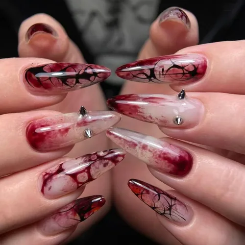 Vista 27 de Uñas postizas a presión de Halloween, uñas postizas de almendra, cobertura completa, uñas postizas rojas con diseños de gotas de sangre, punta 14
