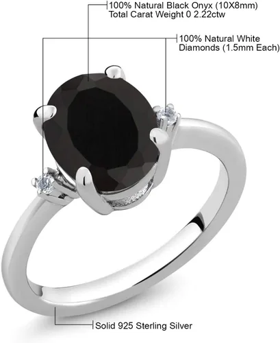 Vista 5 de Gem Stone King Anillo de compromiso de plata de ley 925 con ónix negro y diamante blanco para mujer