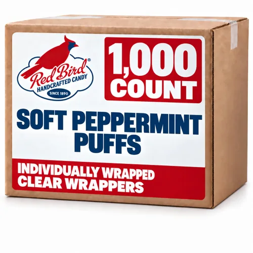 Vista 8 de Red Bird Soft Peppermint Puffs - Estuche a granel, 20 libras de mentas envueltas individualmente en envoltura transparente (rayas rojas visibles)