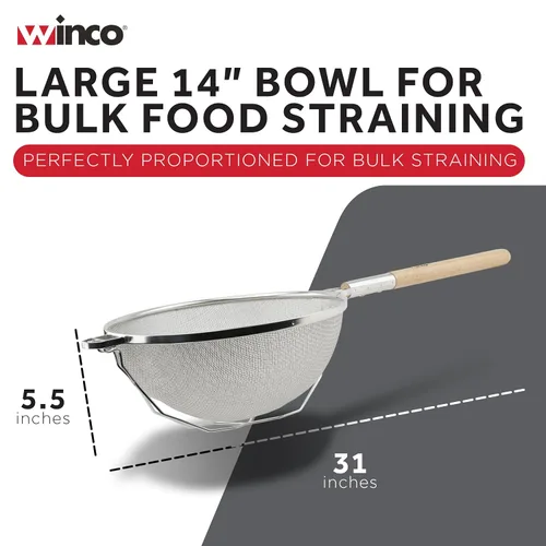 Vista 4 de Winco Colador, 14.0 in de diámetro, malla doble reforzada, mediano, níquel, bronceado