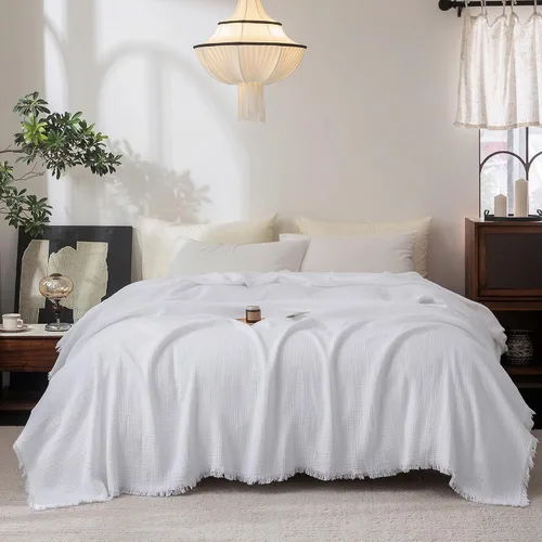 Vista 26 de FOSSA Manta de Muselina con Flecos - Gasa de Algodón 100% de 4 Capas Súper Suave y Transpirable - Manta Decorativa Ligera y Refrescante para Cama