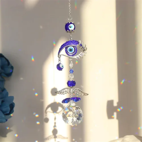 Vista 3 de Atrapasoles de ángel azul para decoración de mal de ojo, dije de mal de ojo colgante para ventana de coche, regalo de Navidad, decoración del hogar