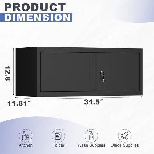 Vista 3 de Armarios de almacenamiento negros montados en la pared, gabinete superior de 12.8 pulgadas de alto para el hogar, gabinetes de metal con puertas