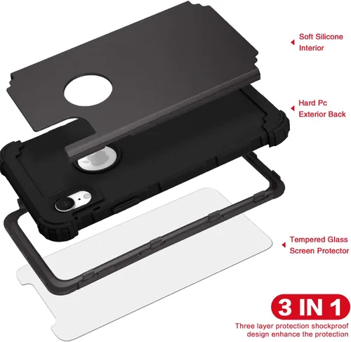 Vista 7 de IDweel Funda para iPhone XR, funda para iPhone XR con protector de pantalla de vidrio templado, 3 en 1, a prueba de golpes, delgada, híbrida, Negro