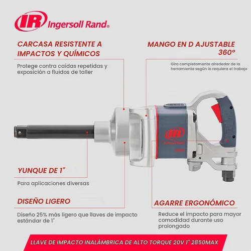 Vista 6 de Ingersoll Rand 2850MAX Llave de impacto neumática de 1 pulgada, par máximo de 2,100 ft-libras, mango D