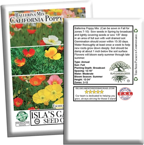 Vista 6 de Ballerina California Poppy Mix - Amapolas de California, más de 1000 semillas de flores por paquete, (Isla's Garden Seeds), Nombre científico
