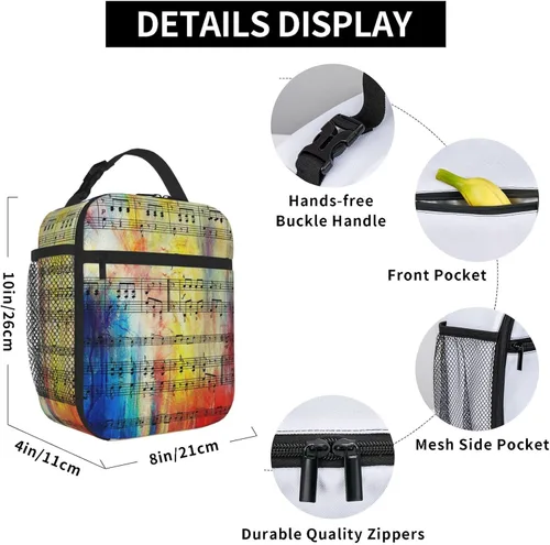 Vista 6 de Bolsa de almuerzo impresa con nota musical vintage con bolsillo lateral, bolsa suave aislada, bolsa térmica para picnic de trabajo