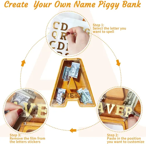 Vista 4 de Ladenk Alcancía de madera grande personalizada de 9 pulgadas para niños, niños, niños/niñas/adultos, bancos creativos para niños para billetes y F