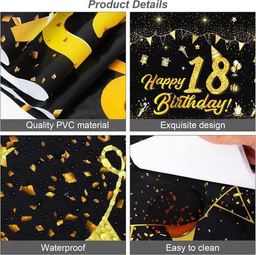 Vista 3 de durony Paquete de 2 manteles de cumpleaños de 18 años, de plástico, color negro y dorado, impermeable, rectangular, para fiestas en interiores