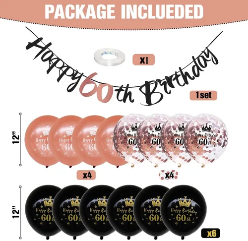 Vista 2 de Kit de decoración de cumpleaños número 60, 16 piezas de decoraciones de cumpleaños de oro rosa negro con banderines de feliz cumpleaños 60, globos