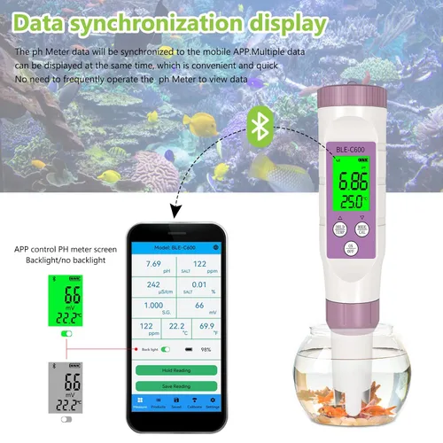 Vista 5 de Rcyago - Medidor de pH inteligente Bluetooth con ATC, 7 en 1 PH/TDS/EC/ORP/S.G/Salinidad/Medidor de temperatura, 0.01 resolución de alta precisión