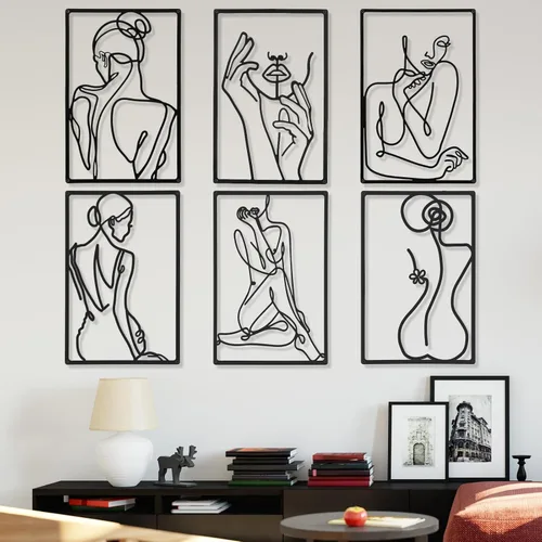 Vista 7 de Cindeer Arte abstracto moderno para pared, 6 piezas de escultura colgante de metal, arte de línea femenina para dormitorio, decoración de sala