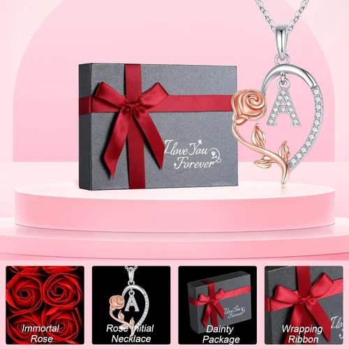 Vista 6 de Yoosteel Collar con dije de flor de rosa con inicial de corazón para mujer, collar con letra de corazón de amor, collares con inicial únicos