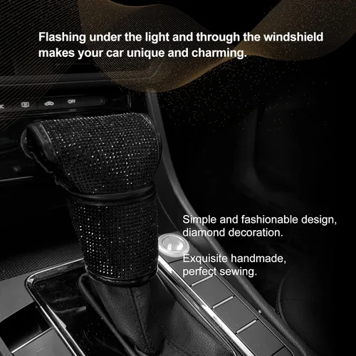 Vista 7 de Funda para pomo de palanca de cambios de automóvil, protector de piel sintética para palanca de cambios con accesorios interiores brillantes, Negro