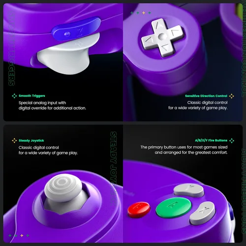 Vista 3 de Gamecube - Controlador Cipon con cable compatible con Nintendo WiiGameCube - mejorado rosa y morado