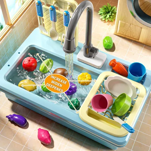 Vista 4 de JUKUDAHU - Lavaplatos de juguete con agua corriente, juguetes de cocina con fregadero para niños de 3, 4, 5, 6 y 7 años de edad, lavavajillas
