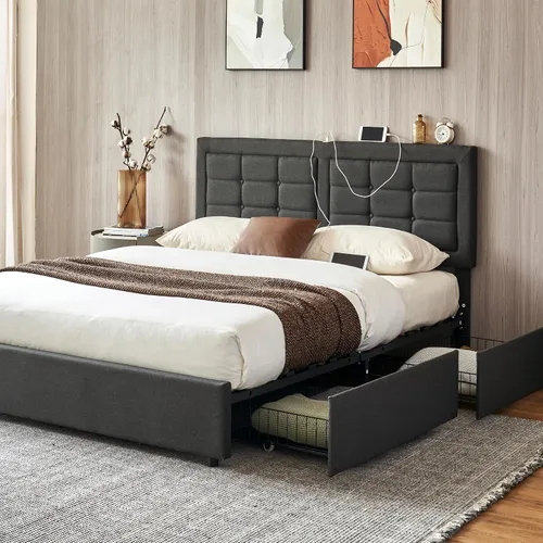 Vista 26 de VECELO Base de cama tamaño matrimonial, cabecera tapizada ajustable con botones, marco de cama resistente con soporte de listones de madera,