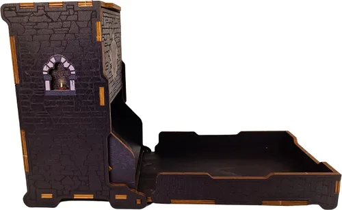 Vista 5 de FOXBITE Torre de dados para Dungeons and Dragons Tower con bandeja de madera grabada con láser DND portátil y plegable, rodillo de dados perfecto