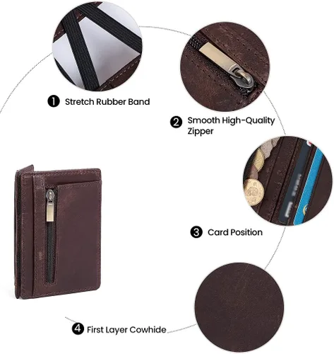 Vista 3 de Hombres RFID bloqueo delgado minimalista magia cartera tarjeta caso con bolsillo moneda genuino caballo cuero titular de la tarjeta Café-k104
