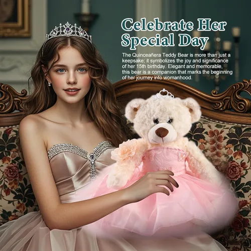 Vista 4 de Muñeca Quinceañera de Oso de Peluche Cisina con Vestido, Decoraciones de Quinceañera para Regalos para Niñas, Oso de Peluche para 15 Años