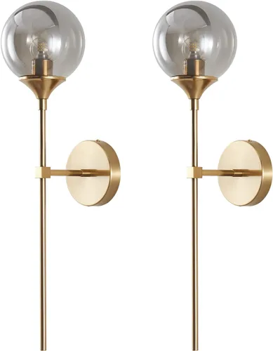 Vista 11 de KCO Mid-Century - Juego de 2 apliques de pared modernos con globo de vidrio ámbar con brazo largo, lámparas de pared industriales doradas