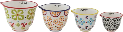 Vista 5 de Creative Co-Op Tazas medidoras de gres estampadas a mano con estampado floral (juego de 4 tamaños/diseños)