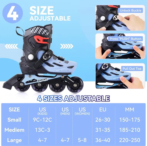 Vista 2 de SWAY Patines en línea ajustables en 4 tallas para niñas y niños, todas las ruedas se iluminan, patines en línea para exteriores para niños y jóvenes