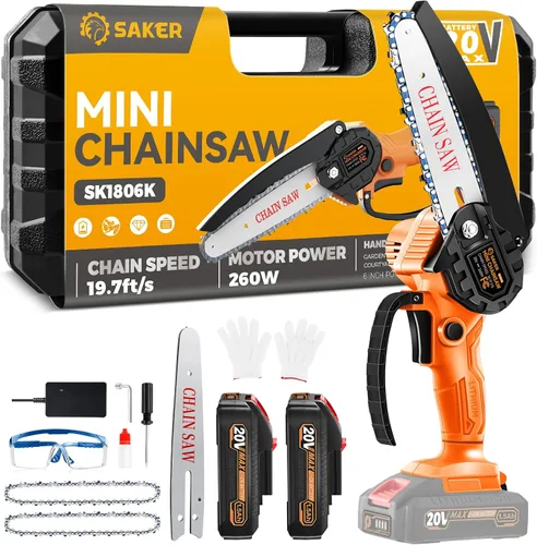 Vista 9 de Saker Mini motosierra inalámbrica de 6 pulgadas con interruptor de bloqueo de seguridad, motosierra eléctrica inalámbrica, motosierra pequeña