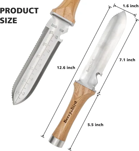 Vista 4 de Berry&Bird Hori Hori - Cuchillo de jardín multiusos con hoja afilada de doble filo de acero inoxidable de 7 pulgadas, cuchillo de tierra con funda