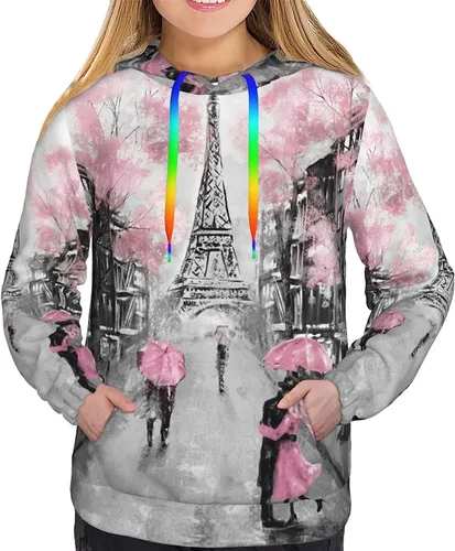 Vista 3 de Sudadera con capucha para mujer, Torre Eiffel y Amante de París para mujeres y niñas