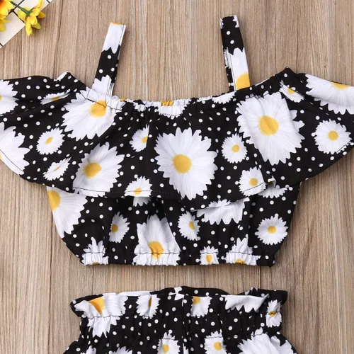 Vista 3 de Conjunto de 2 piezas de ropa con volantes y cuello halter floral para niños pequeños