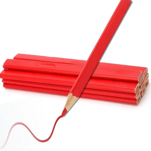 Vista 4 de Lápices de carpintero rojos planos de madera con plomo rojo, 6.7 pulgadas, caja a granel de 100