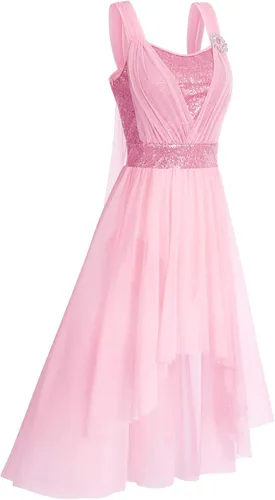 Vista 2 de ODASDO Vestido de baile lírico para mujeres adultas, moderno, contemporáneo, con lentejuelas, tul de malla, falda alta y baja, ropa de baile
