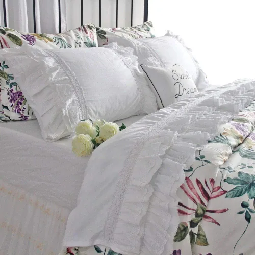 Vista 6 de QSH Juego de sábanas con volantes, tamaño Queen, ropa de cama de encaje de campo francés, 100% algodón, estilo shabby vintage, juego de sábanas de 4