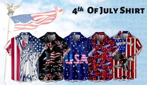 Vista 5 de HAPNBCELE Camisa hawaiana para hombre, estampado de bandera tropical americana, casual, manga corta, hawaiana con botones
